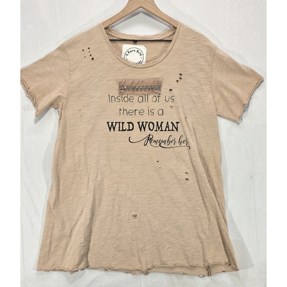 A Rare Bird Wild Woman T-Shirt Distressed Raw Hems Tattered Tee Cotton Boho L/XL